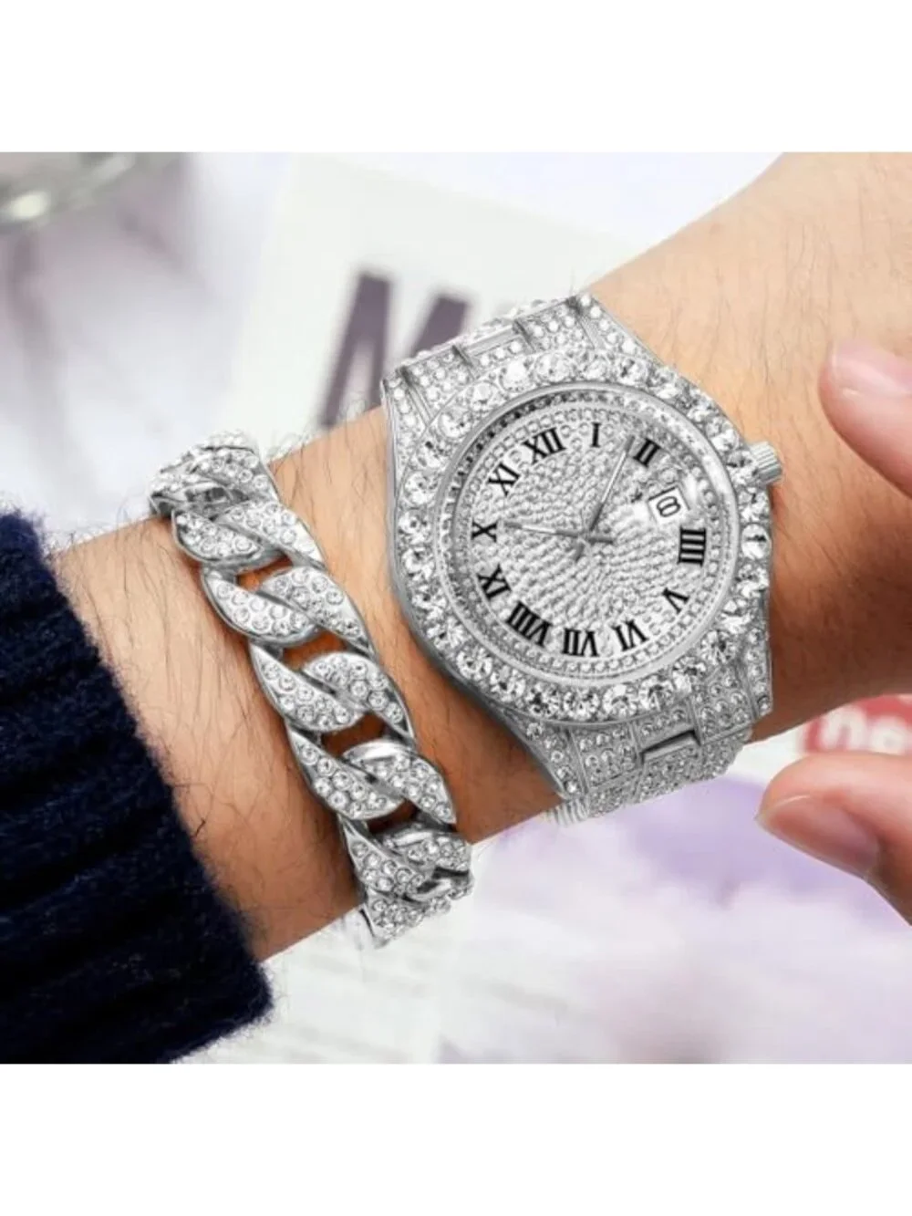 Iced-Out Bling Diamond Luxury Quartz Watch for Men - Hip Hop Style with Date